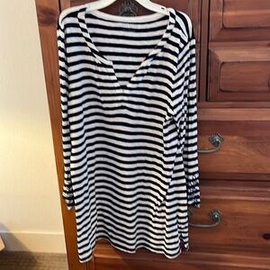 Talbots Women’s Blue And White Striped Tunic With Sleeve Embroidery EUC